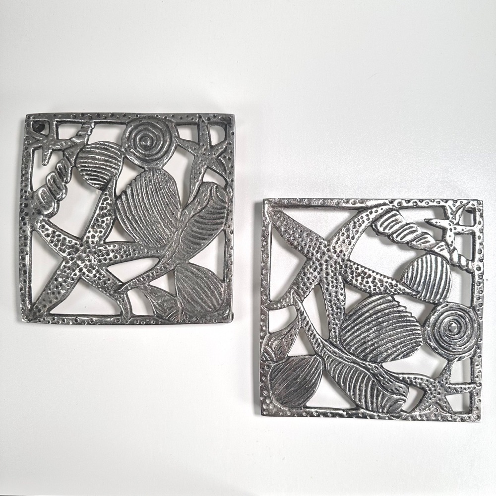 Vintage Trivet Set Silver Starfish Shells Beach‎ Theme Nautical Coastal